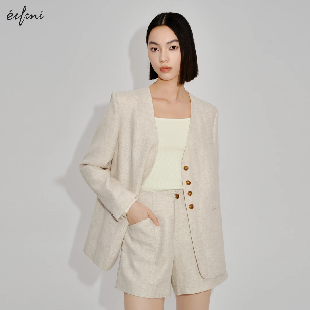 【商场同款】伊芙丽时尚复古V领气质女夏季极简通勤西装1F2110621S