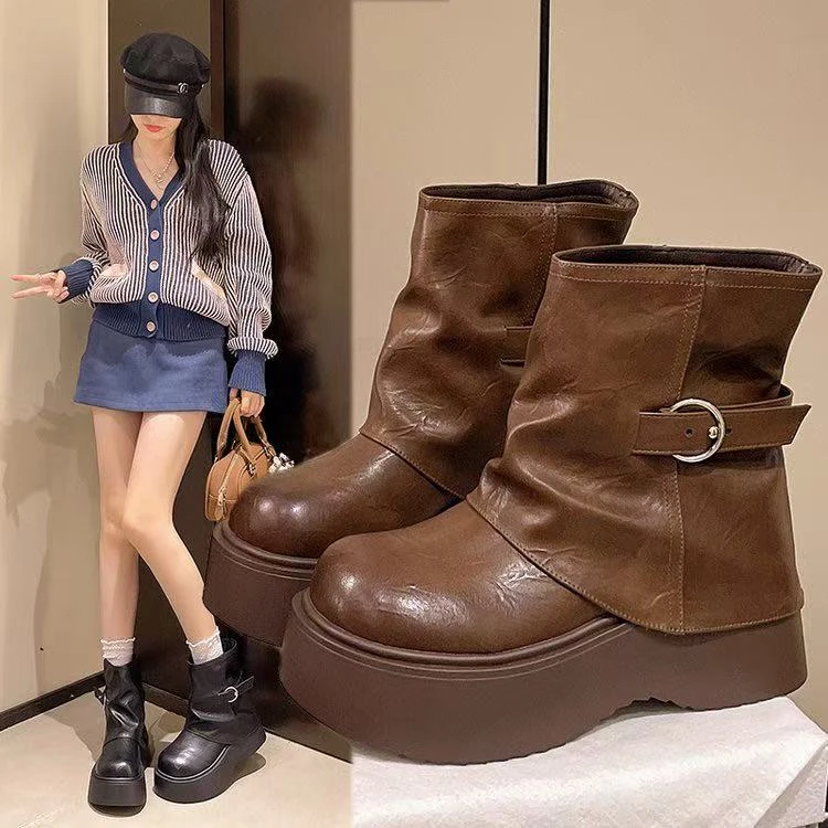 27408072R时装靴女2025新款厚底增高配裙子百搭英伦风裤管马丁靴