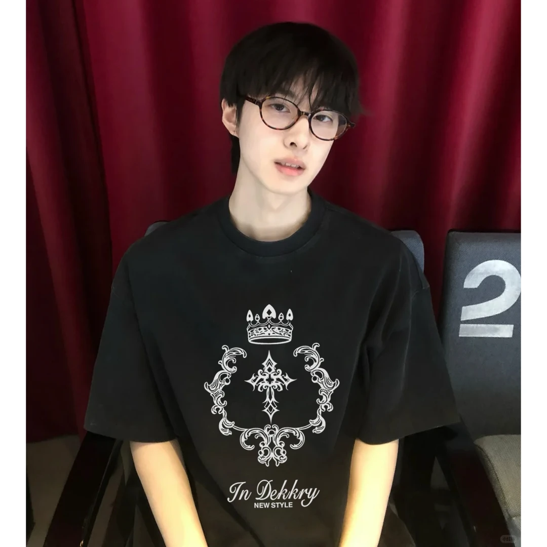 100%纯棉美式创意皇冠字母印花短袖t恤男女夏季高街百搭休闲上衣