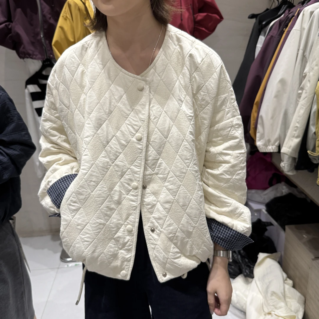 小香风短外套女夹棉上衣2025秋新款圆领欧式夹克格子拼接薄款棉衣