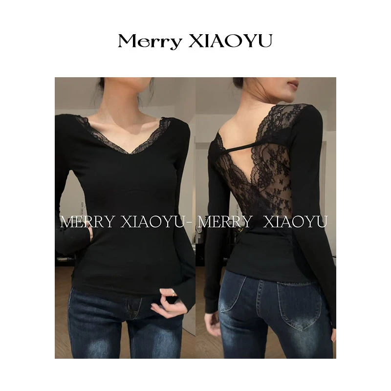 【小鱼】秋冬新款镂空蕾丝拼接设计长袖修身显瘦百搭气质上衣打底衫
