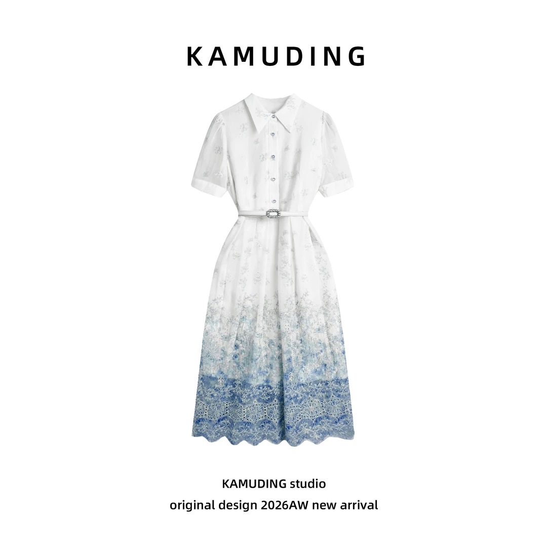 KAMUDING2026新款渐变奶雾蓝水墨晕染镂空刺绣连衣裙9135YM