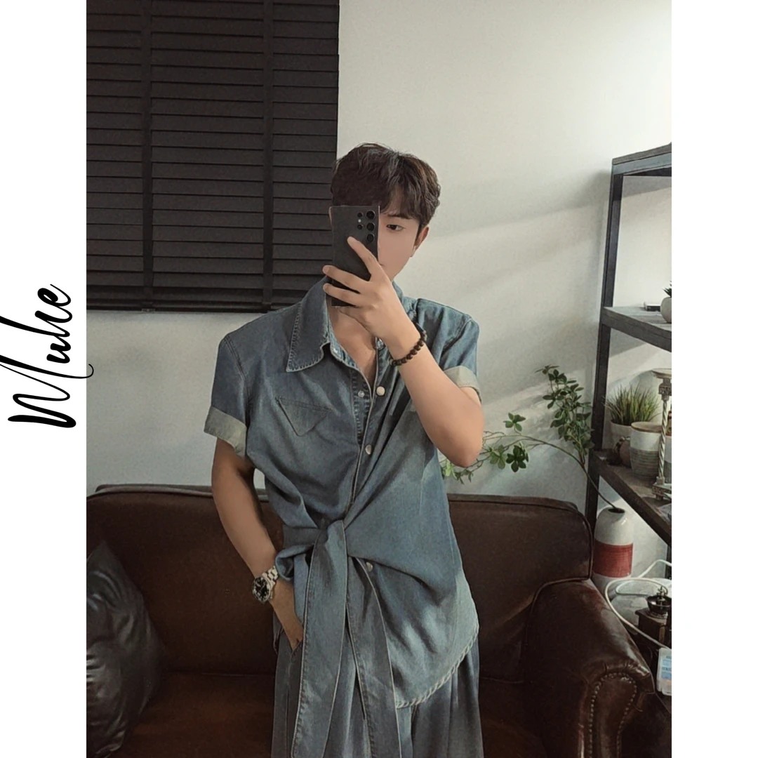 Muhe 原创腰绳束腰设计情侣款显瘦短袖牛仔套装款！K186 男女同款