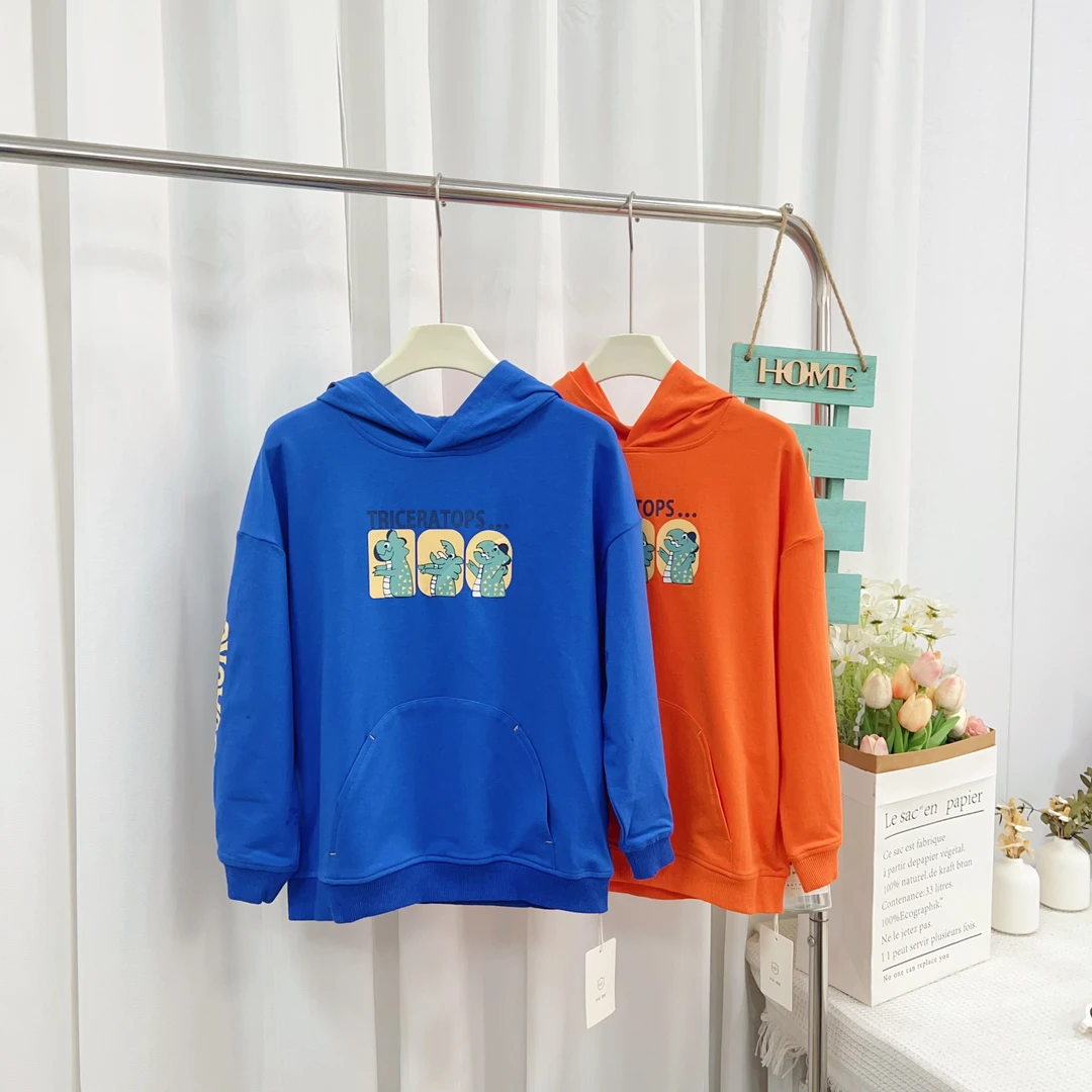 男童春秋款恐龙卡通印花细毛圈针织连帽卫衣101
