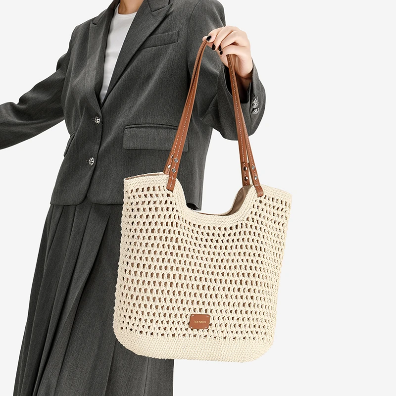 天美意女包2025织物草编织手提包撞色单肩包托特包TMX46ST003