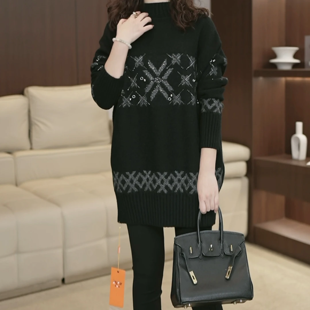 2025冬新款慵懒风保暖半高领打底中长款毛衣时髦烫钻套头显瘦3794