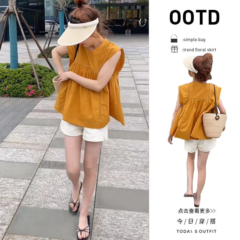 夏季洋气穿搭一整套2025新款飞飞袖黄色衬衫百搭阔腿短裤两件套女