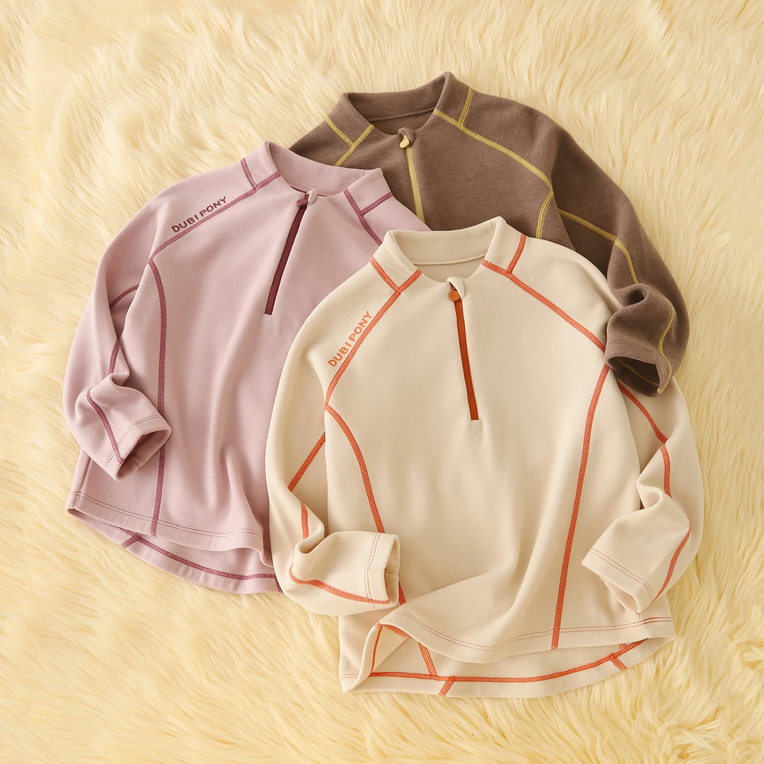 小暖皮~半拉链立领儿童长袖T恤加绒打底衫男童女童保暖上衣秋冬