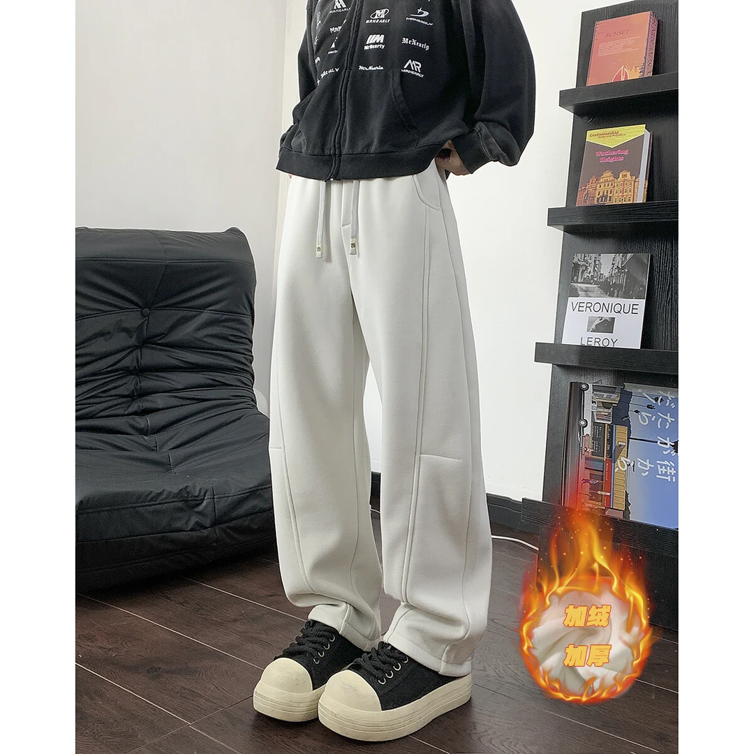 PLQV冬季2025加绒加厚立体剪裁弯刀裤男女同款香蕉裤卫裤百搭高街