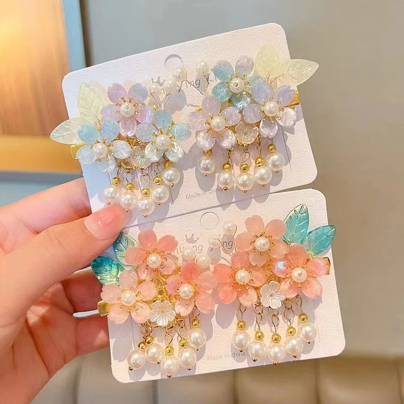 diy儿童发夹古风发饰可爱花朵流苏珍珠汉服头饰女童刘海边夹发卡