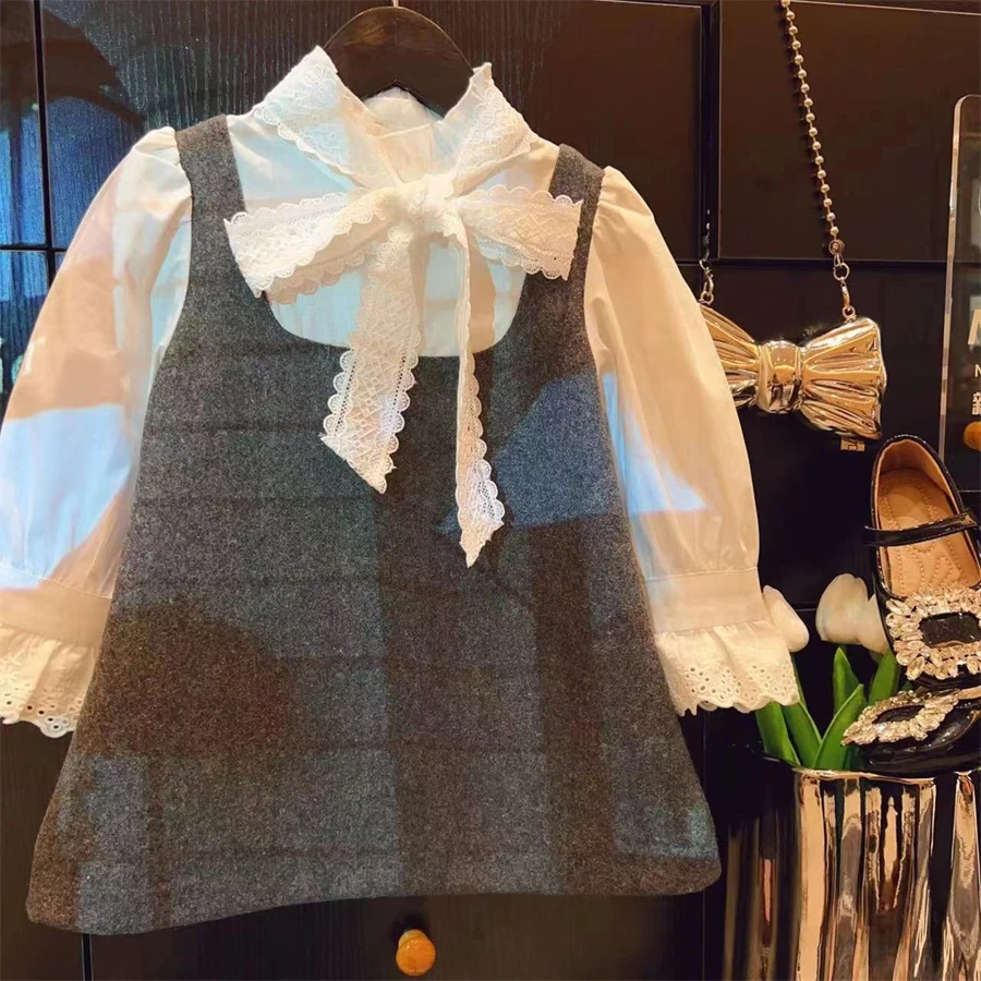 HHkids童装2024秋季高级宫廷范假两件毛呢甜美蝴蝶结连衣裙DQZ456