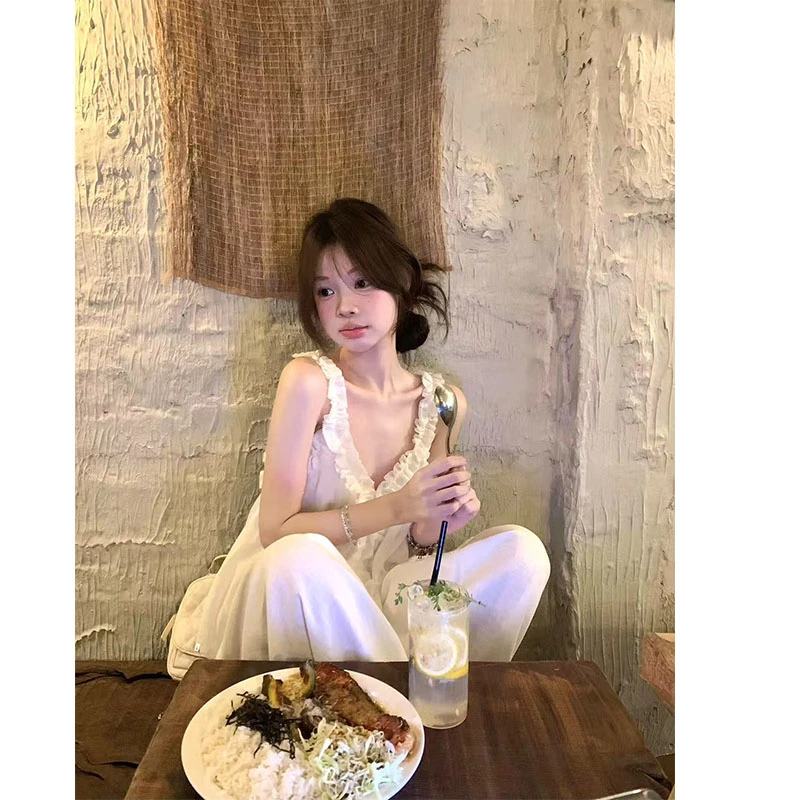 韩系穿搭高级减龄V领甜美背心衬衫高腰休闲垂感拖地阔腿裤两件套