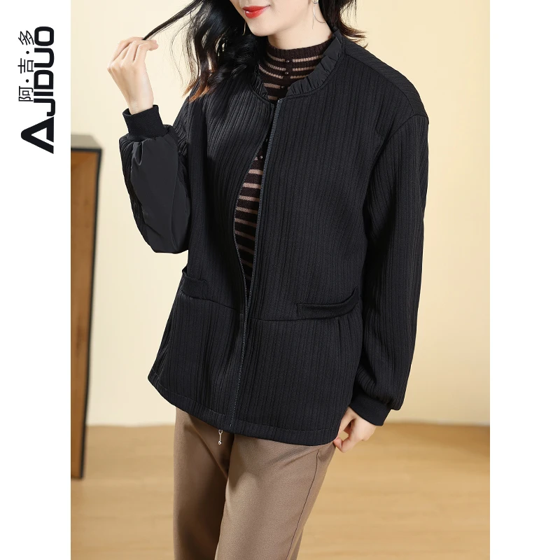 阿吉多黑色小香风外套女秋冬季新款木耳花边领大码显瘦上衣A62891