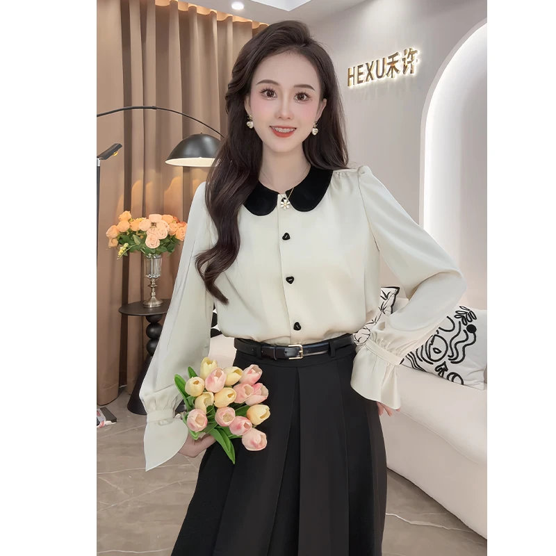 法式小香风娃娃领单排扣长袖衬衫女2024秋季新款时尚百搭显瘦上衣