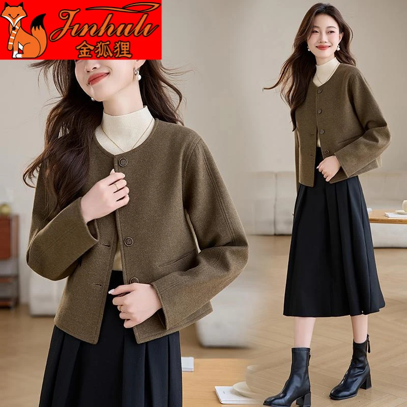 金狐狸双面呢外套女短款2024新款冬季小个子圆领修身百搭小香风