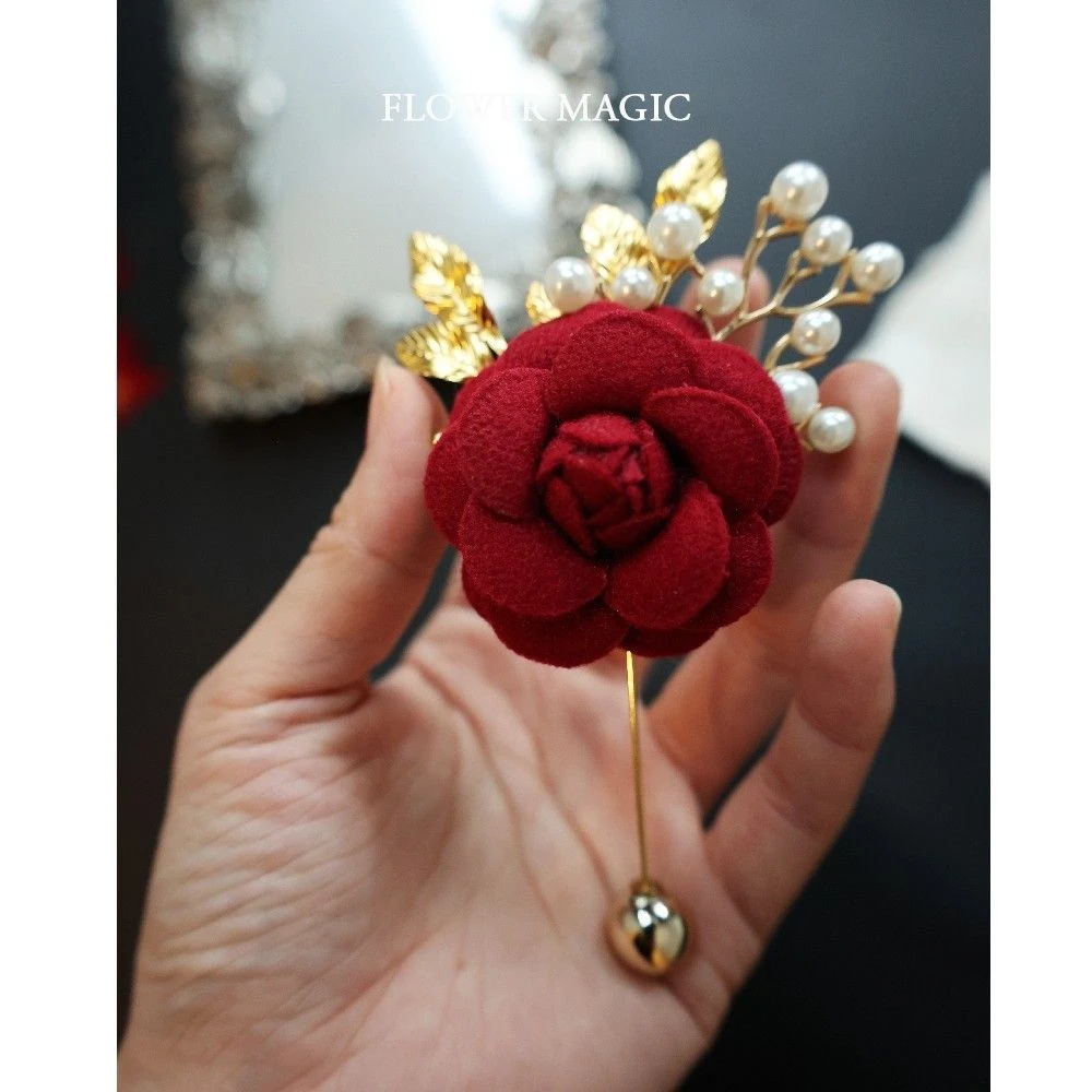 酒红山茶花新郎新娘唯美韩式简约结婚珍珠礼胸花胸针伴郎伴娘定制