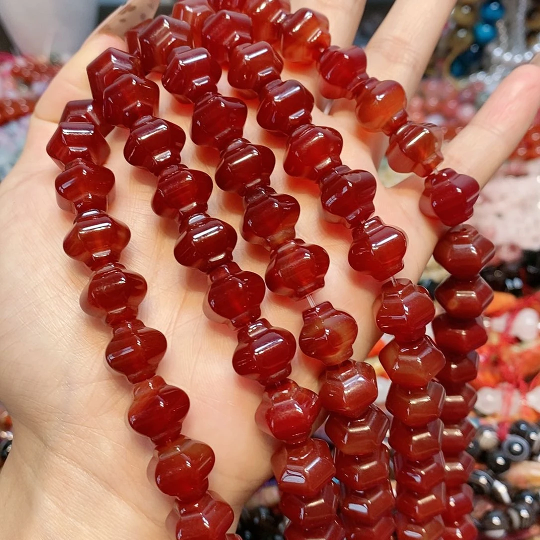 玛瑙/玉髓散珠天然红玛瑙手工雕刻灯笼14mm一条
