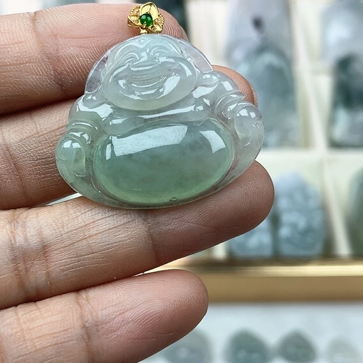 翡翠18K金镶嵌颈饰唐**网天然翡翠A货18 K金佛