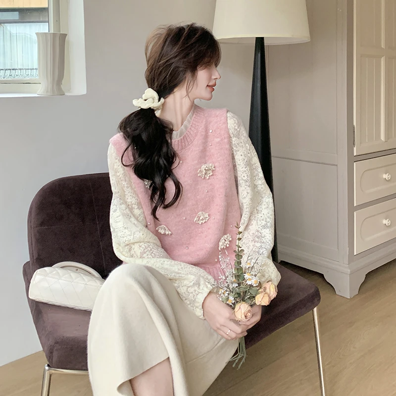 大码韩系甜美套装女2025春新款粉色钩花针织马甲蕾丝打底衫两件套