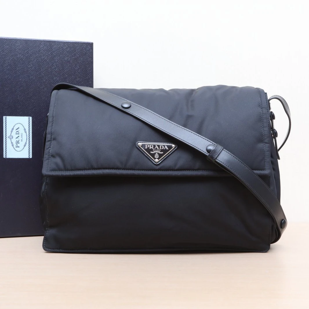 95新 Prada/普拉达 活动黑黑 Re-Nylon CINI 邮差包 大号