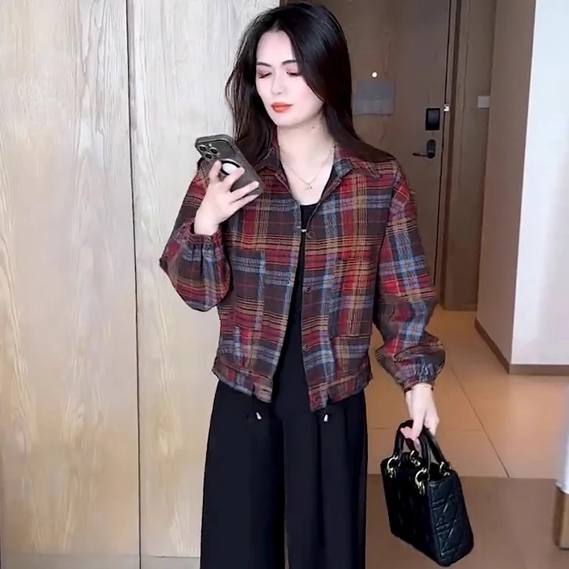 时尚小个子短款格子外套女2025秋季新款洋气宽松显瘦休闲衬衫上衣