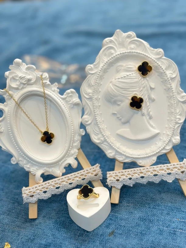 钛钢耳饰 钛钢棕黑色四叶草三件套