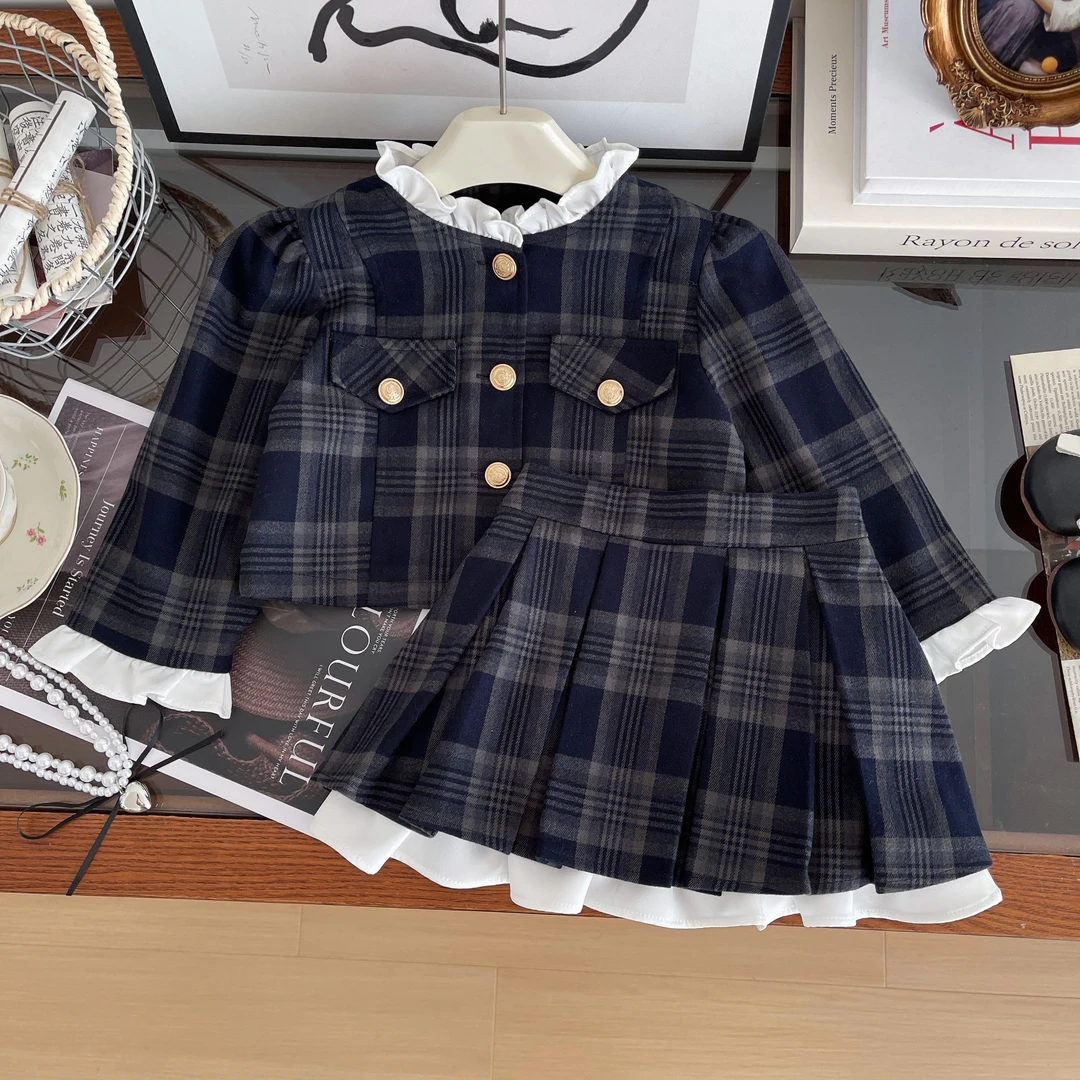 2024秋季新款韩版时尚女童格子花边套装Q67688