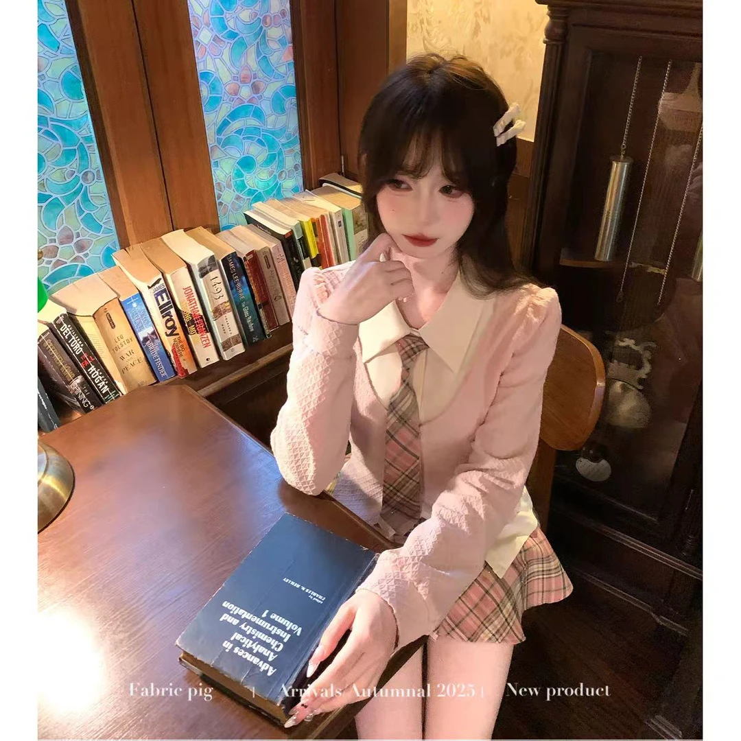 【运费补贴6-8】韩系学院风短裙套装女秋jk制服假两件上衣两件套