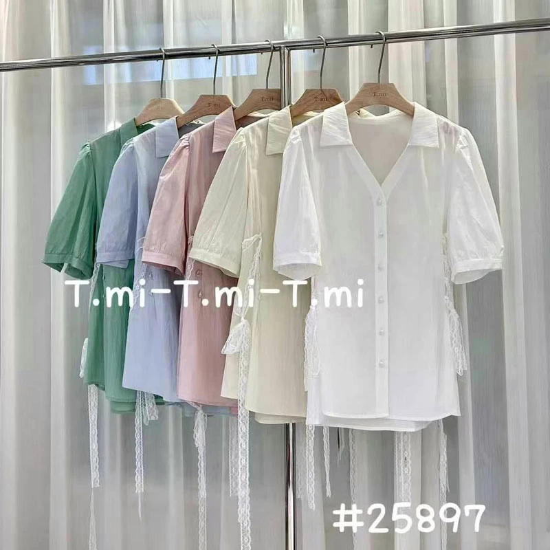 T.mi大码女装2025年春夏季新款胖mm衬衫蕾丝带收腰显瘦上衣25897