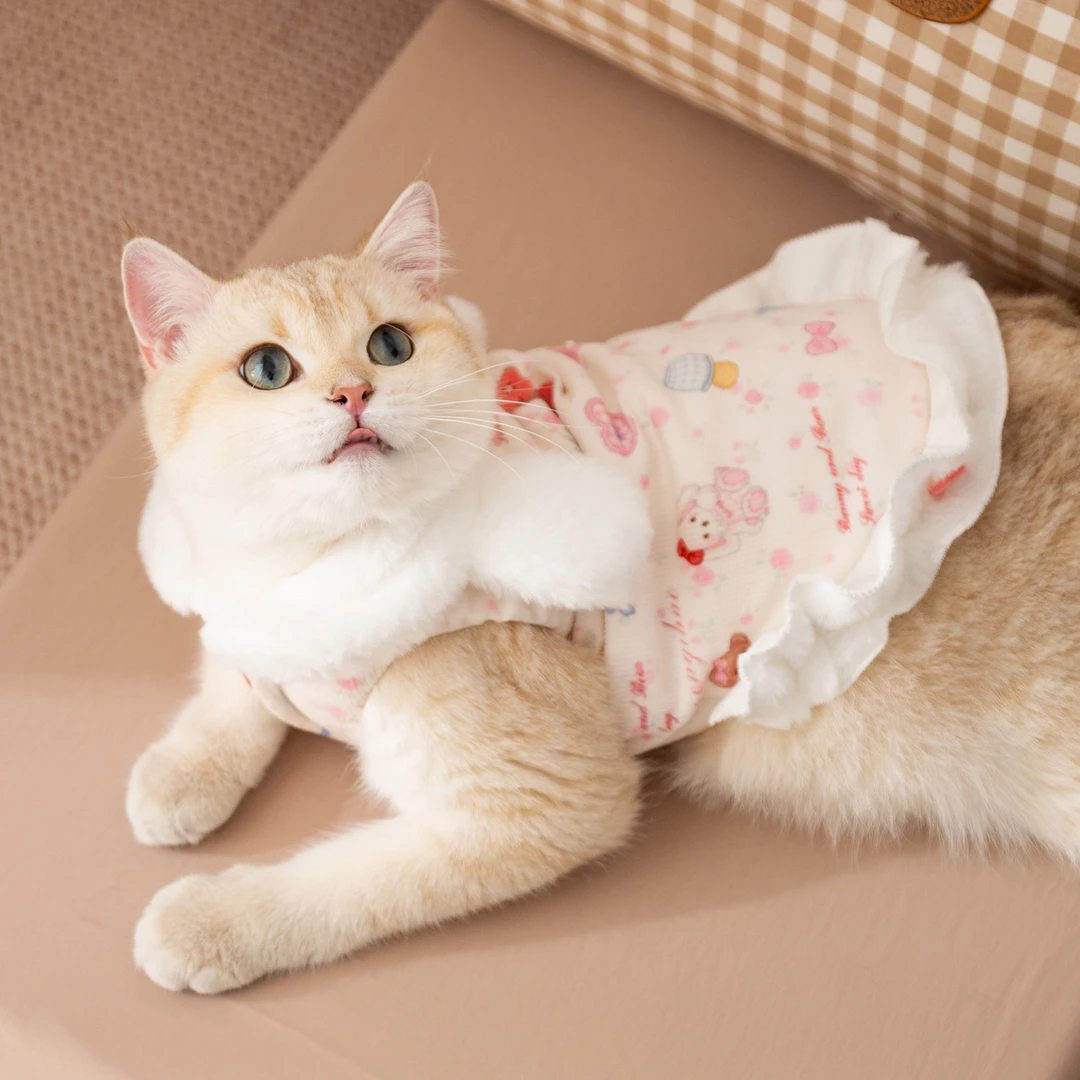 秋冬款宠物衣服可爱兔儿满印牵引冬裙德文猫无毛猫无袖猫裙子