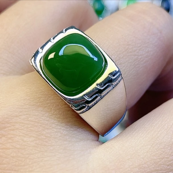 S925银天然和田玉碧玉经典正方戒