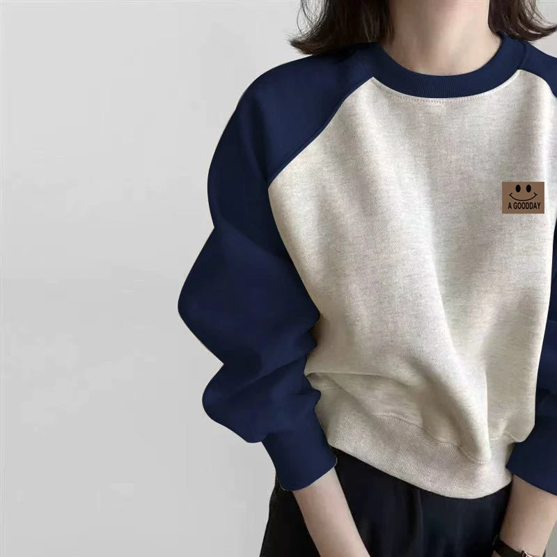 韩版减龄插肩圆领卫衣女秋冬卡通百搭宽松大码加绒加厚潮休闲外套