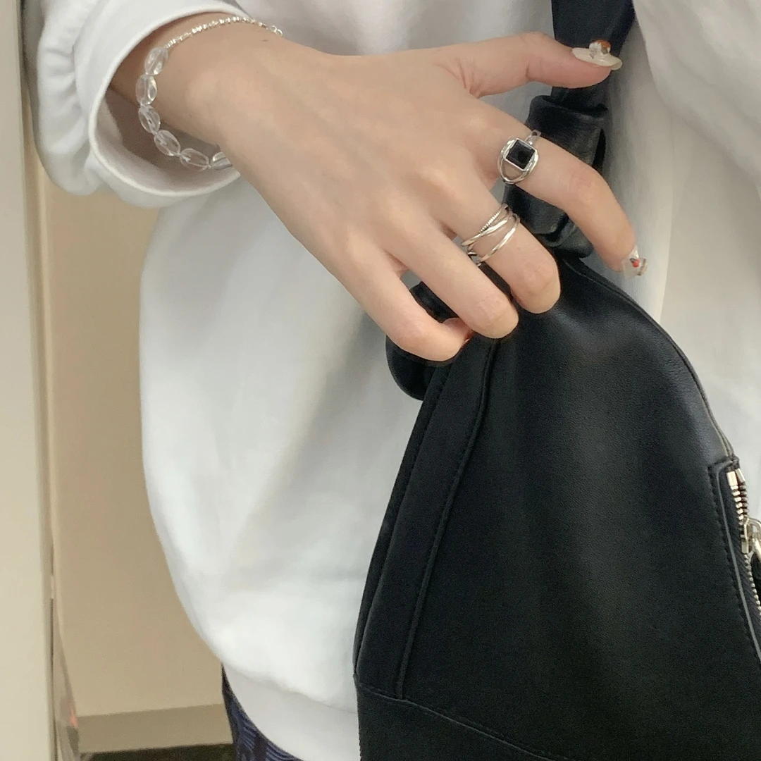 复古做旧黑色方形时尚个性潮简约百搭复古交叉女开口叠带食指戒