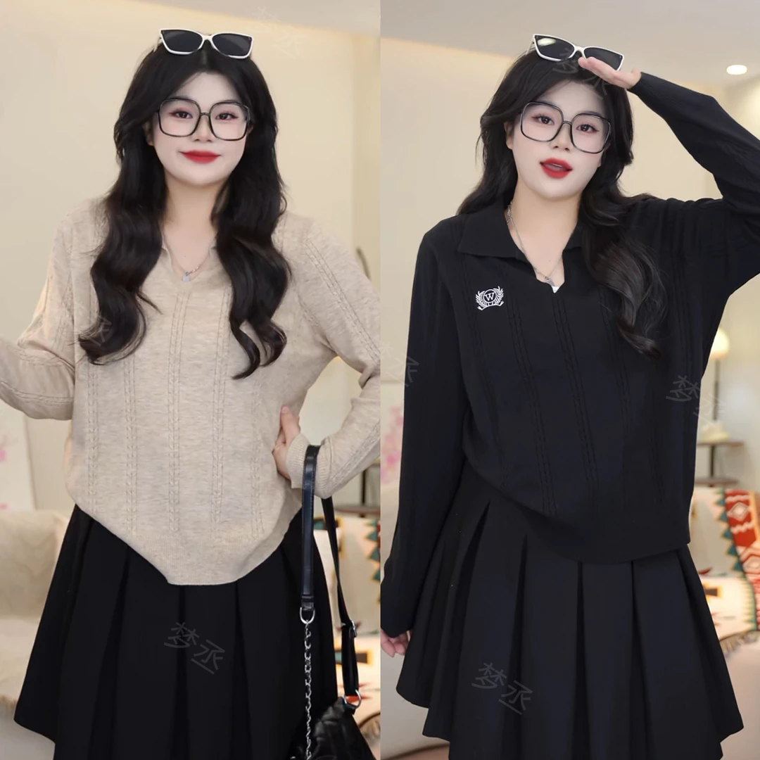 梦丞-大码女装早秋学院风翻领刺绣洋气减龄百搭长袖显瘦针织上衣