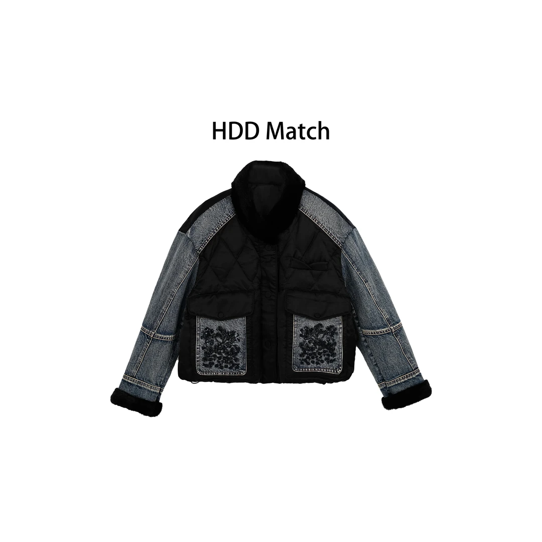 HDD- "牛仔回响" 90白鸭绒 冬季女款水貂毛领牛仔拼接羽绒服Y9154