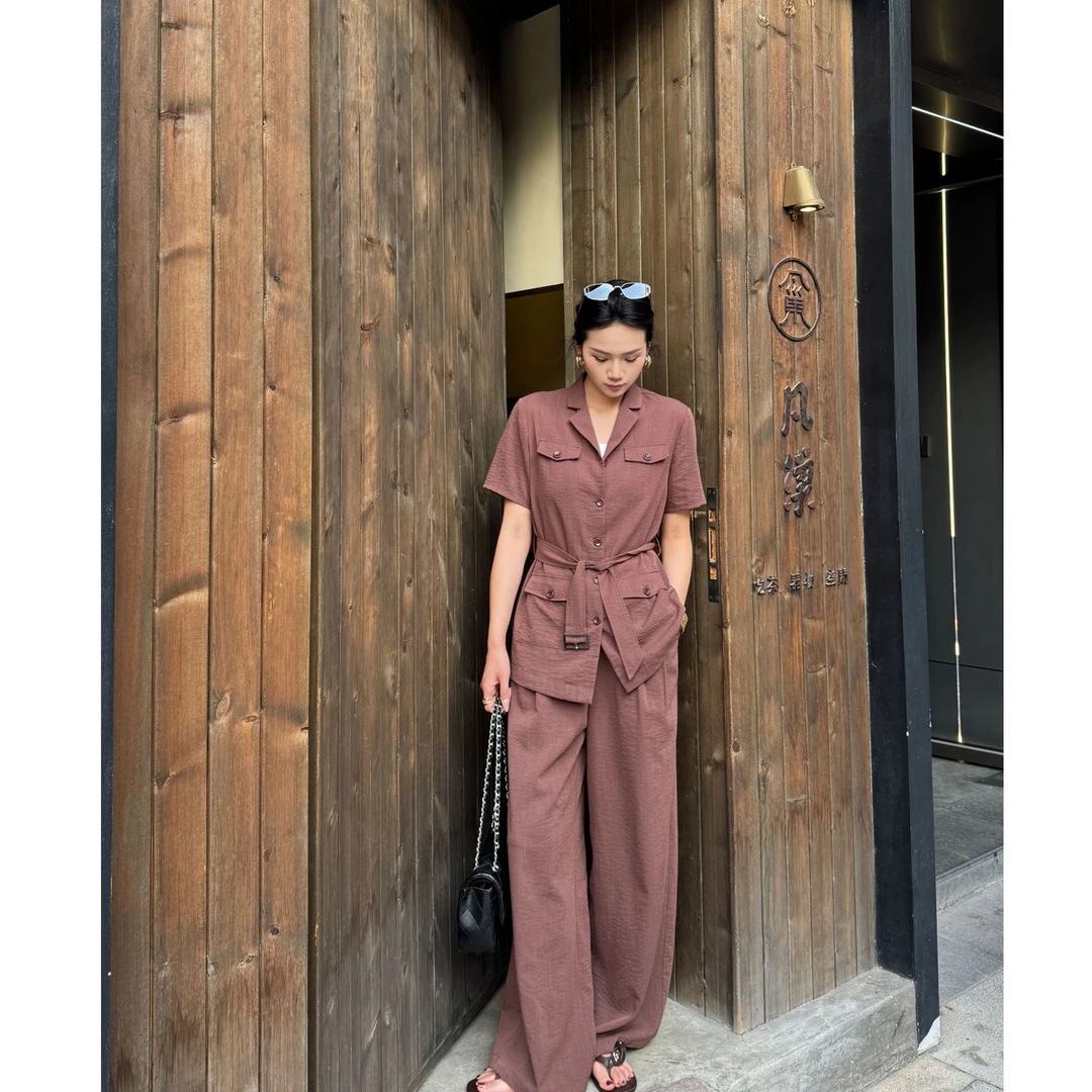 OuYing欧莹休闲风静奢风法式慵懒风显瘦短袖时尚套装休闲阔腿裤