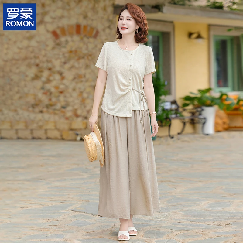 罗蒙妈妈装夏季洋气宽松套装中老年人女夏装时尚阔腿裤气质两件套