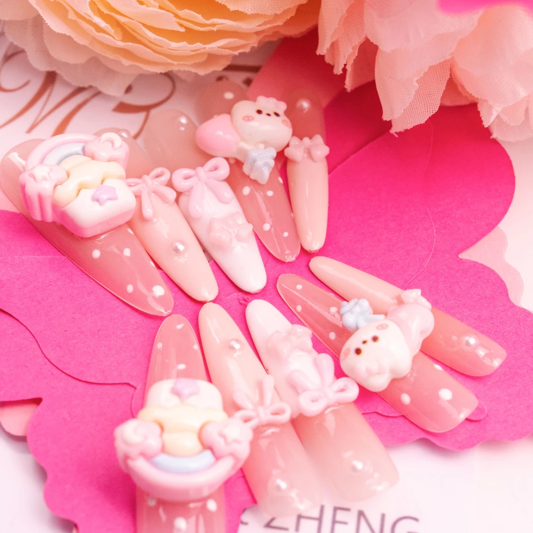 法式奶油风丝绸云母螺纹珍珠贵气穿戴甲美甲贴片纯手工穿戴甲