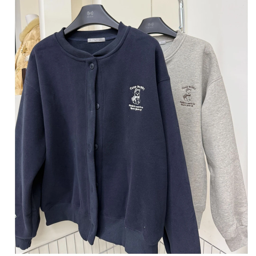 【摩姐姐欧韩】25810秋冬加绒卡通刺绣开衫圆领外套