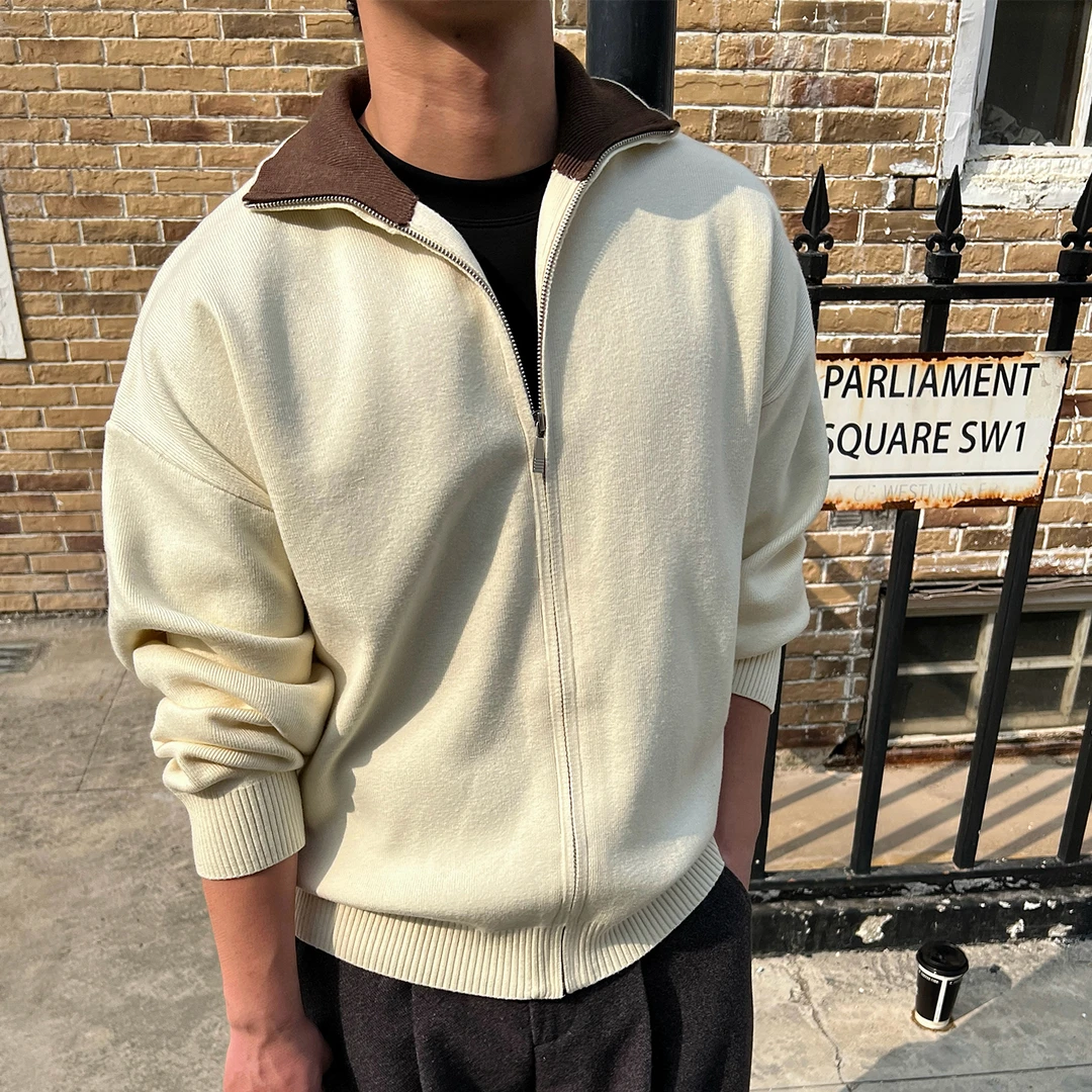 OXFREAK「撞色素材拼接」老钱风开衫毛衣男秋冬季复古保暖针织衫