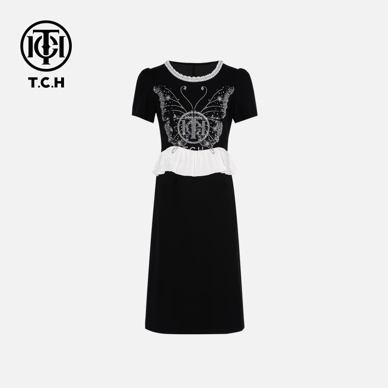 TCH轻奢烫钻工艺时尚设计感蝴蝶黑色连衣裙女T75B30E1160私服tch