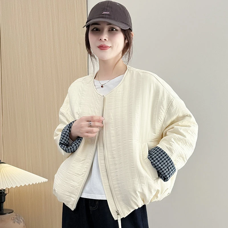 韩版时尚圆领压棉短外套女秋冬新款内里格子拼接设计百搭宽松上衣