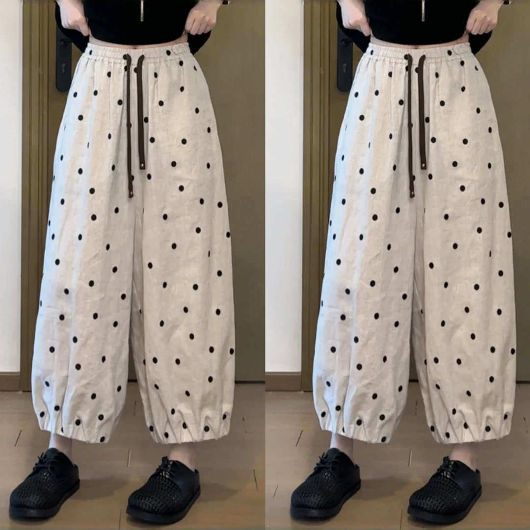 波点哈伦裤女夏季2025新款小个子慵懒百搭宽松休闲麻料阔腿九分裤