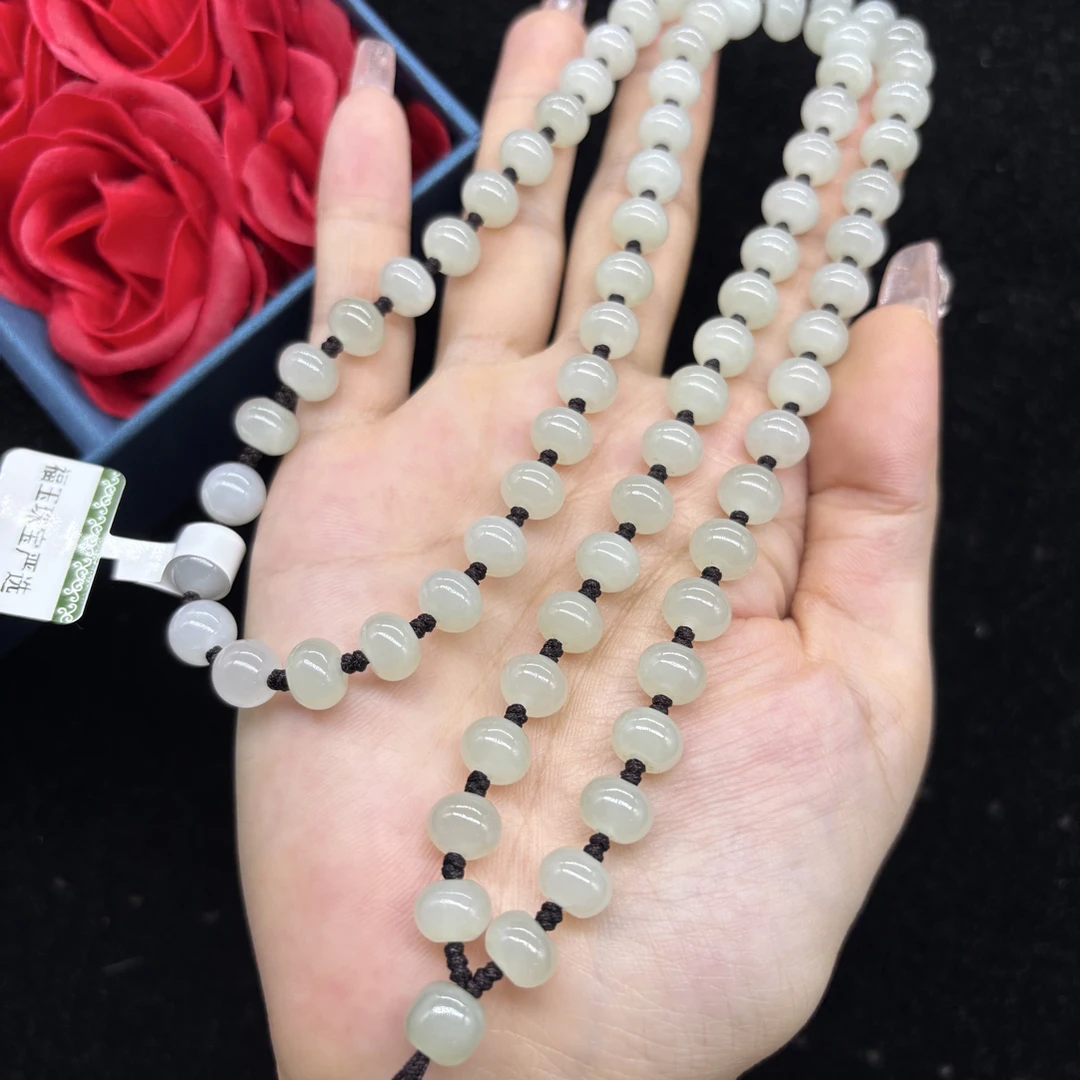 精美天然和田玉冰青白算盘珠8mm玉石挂件绳毛衣链长链项链百搭款