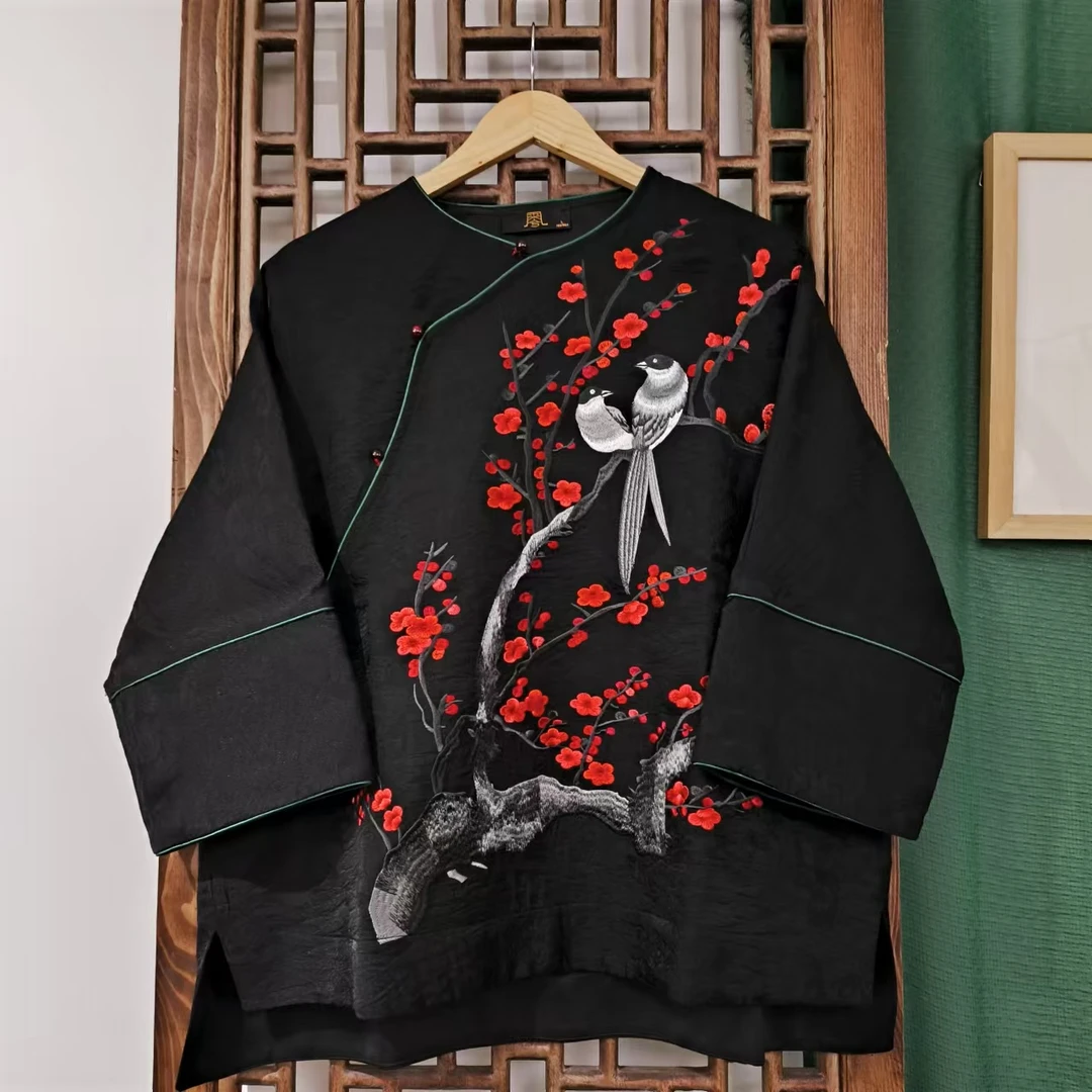 凤徕兮私人定制黑色福禄底喜上眉梢刺绣斜襟盘扣上衣 (LS128-13）