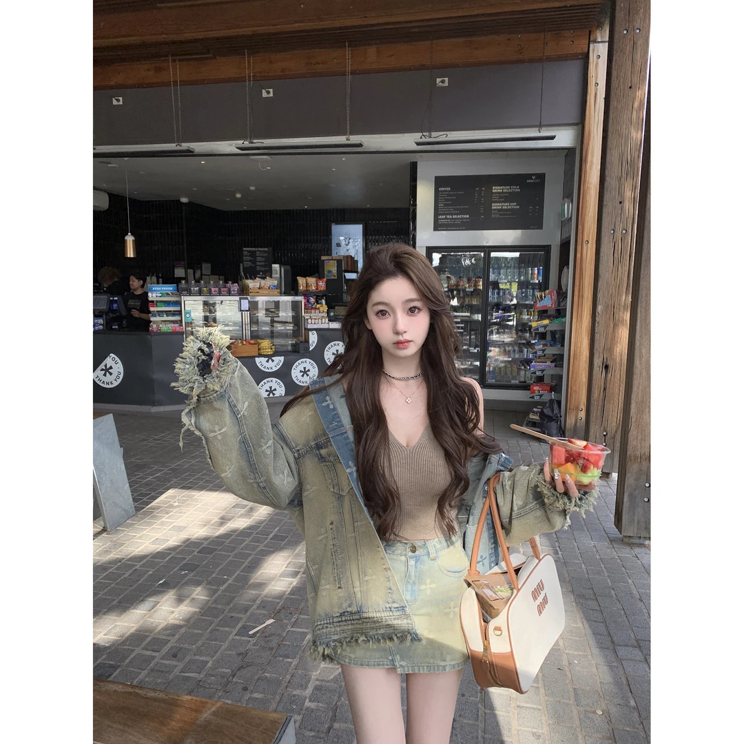 你的懒懒llan【英式女高】复古水洗牛仔外套女+牛仔半裙LL-24126