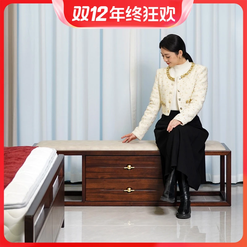 新中式床尾凳门口储物换鞋凳乌金木实木家用长条凳软包床尾凳