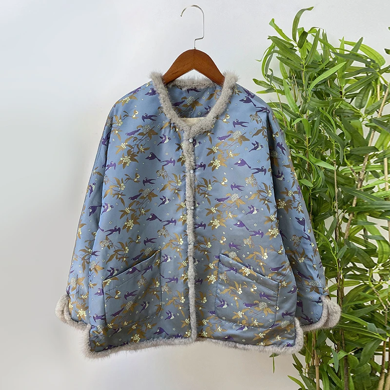 【枇杷山雀】复古新中式时尚印花加绒加厚保暖秋冬款长袖宋锦外套