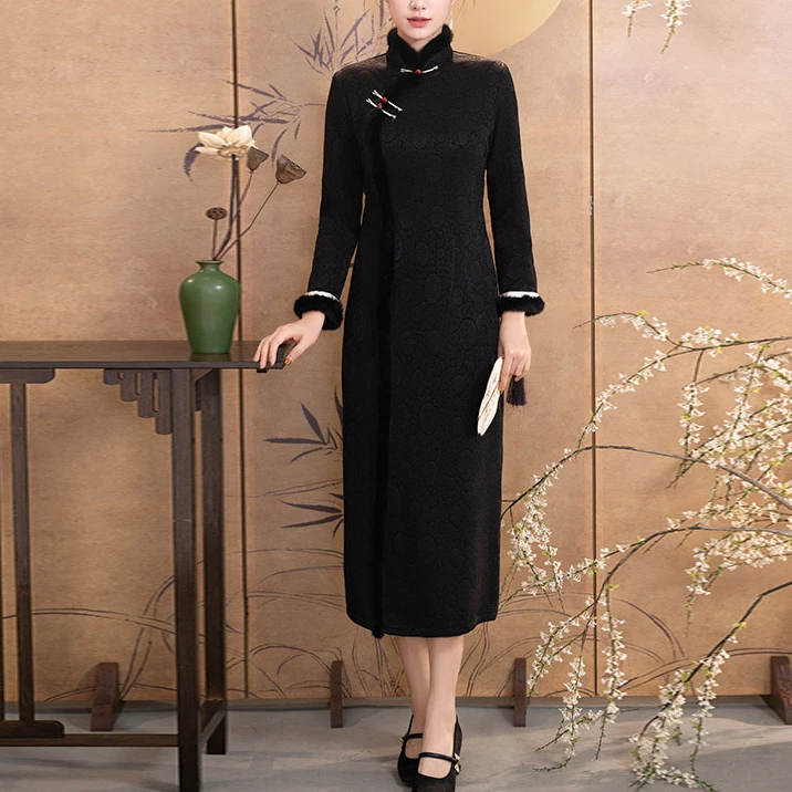 纯色加绒加厚冬装国风新中式长款长袖旗袍2025新款年轻款女秋冬装