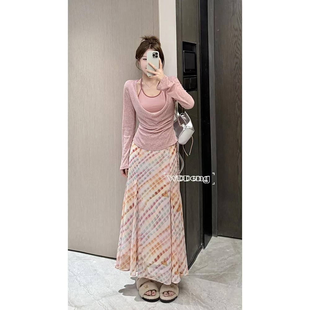 清清款王等等【奶油雾粉】原创花色条纹雪纺印花半身裙U225G11522